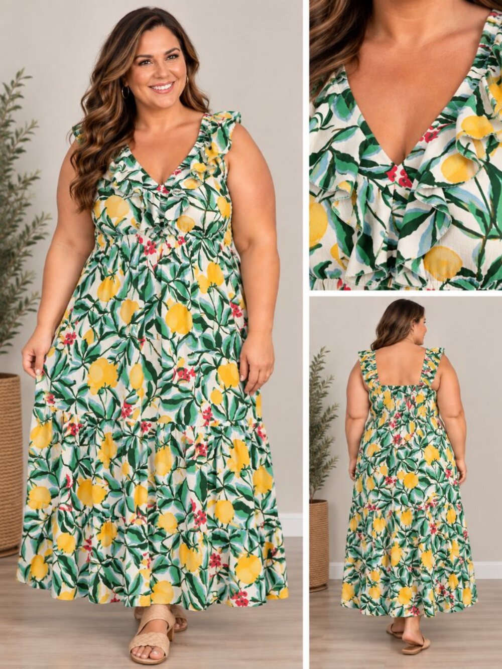 AVA & VIV Maxi Sundress Ruffled Tiered Lemon Floral 1X Boho Coastal